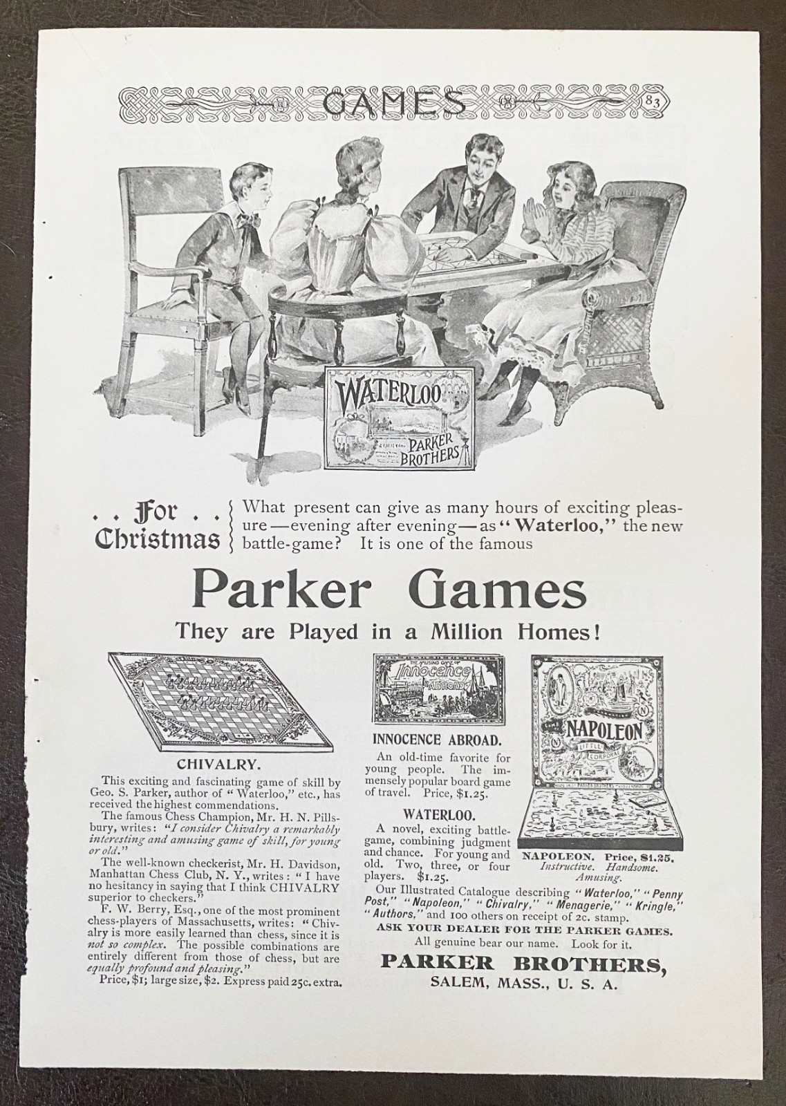 Family Playing Waterloo PARKER BROTHERS GAMES Vtg Victorian Xmas 1895 Print Ad!