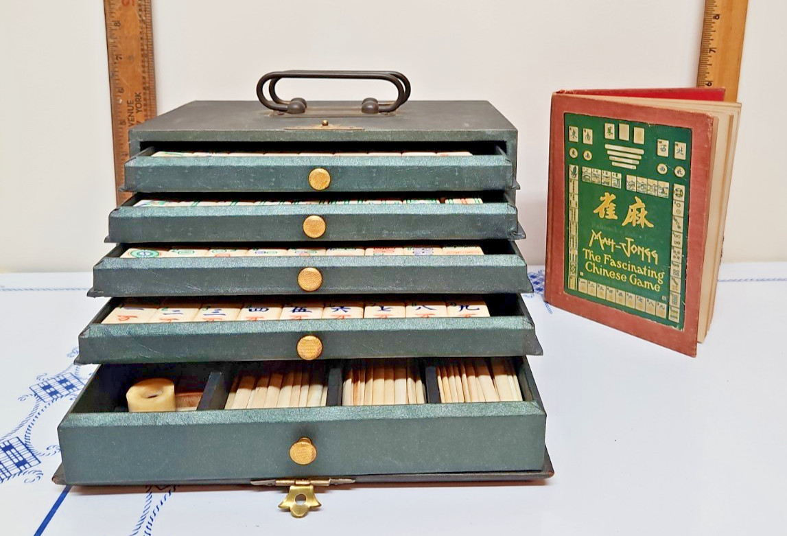 MAHJONG SET. With Beautiful Bone and Bamboo Tiles in Ornate Case W/Book Antique
