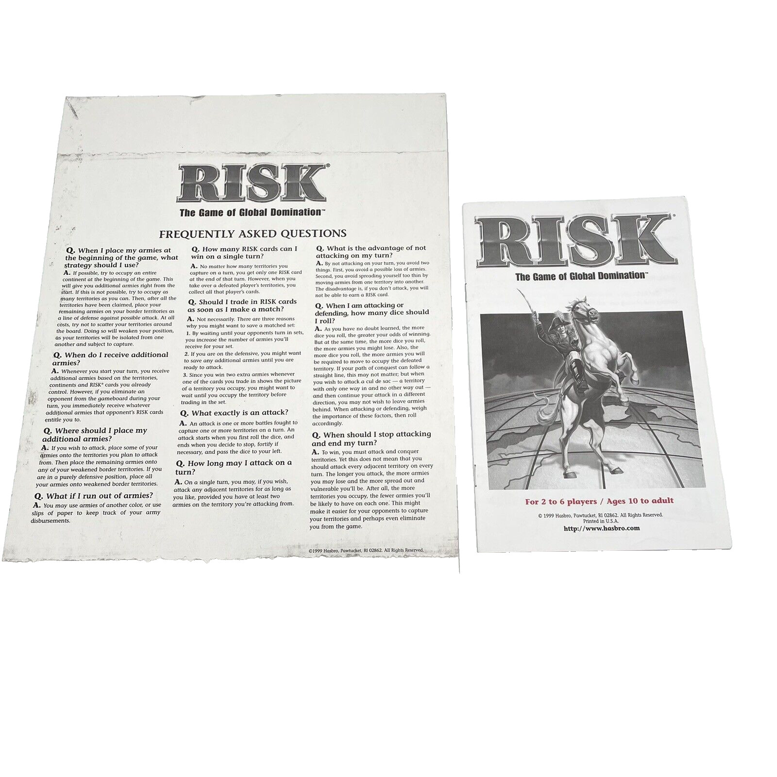 RISK 1998 Board Game of Global Domination Replacement Parts: Manual & Insert