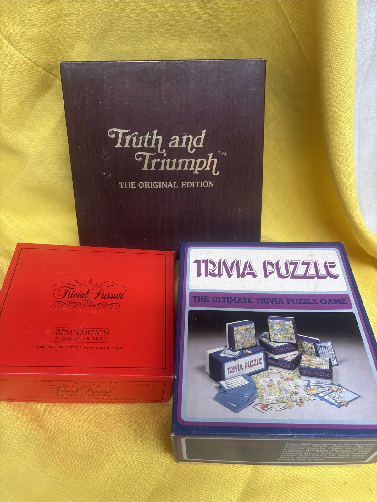 3 Games- Trivial Pursuit RPM Edition, Trivial Puzzle, & Truth & Triumph