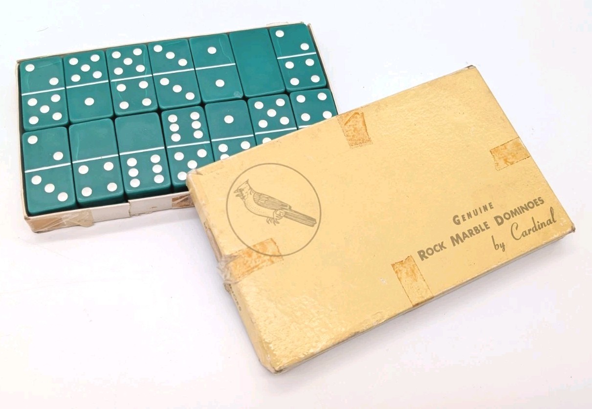 Vintage Green Dominoes by Cardinal, Set of 28, Genuine Rock Marble, Complete