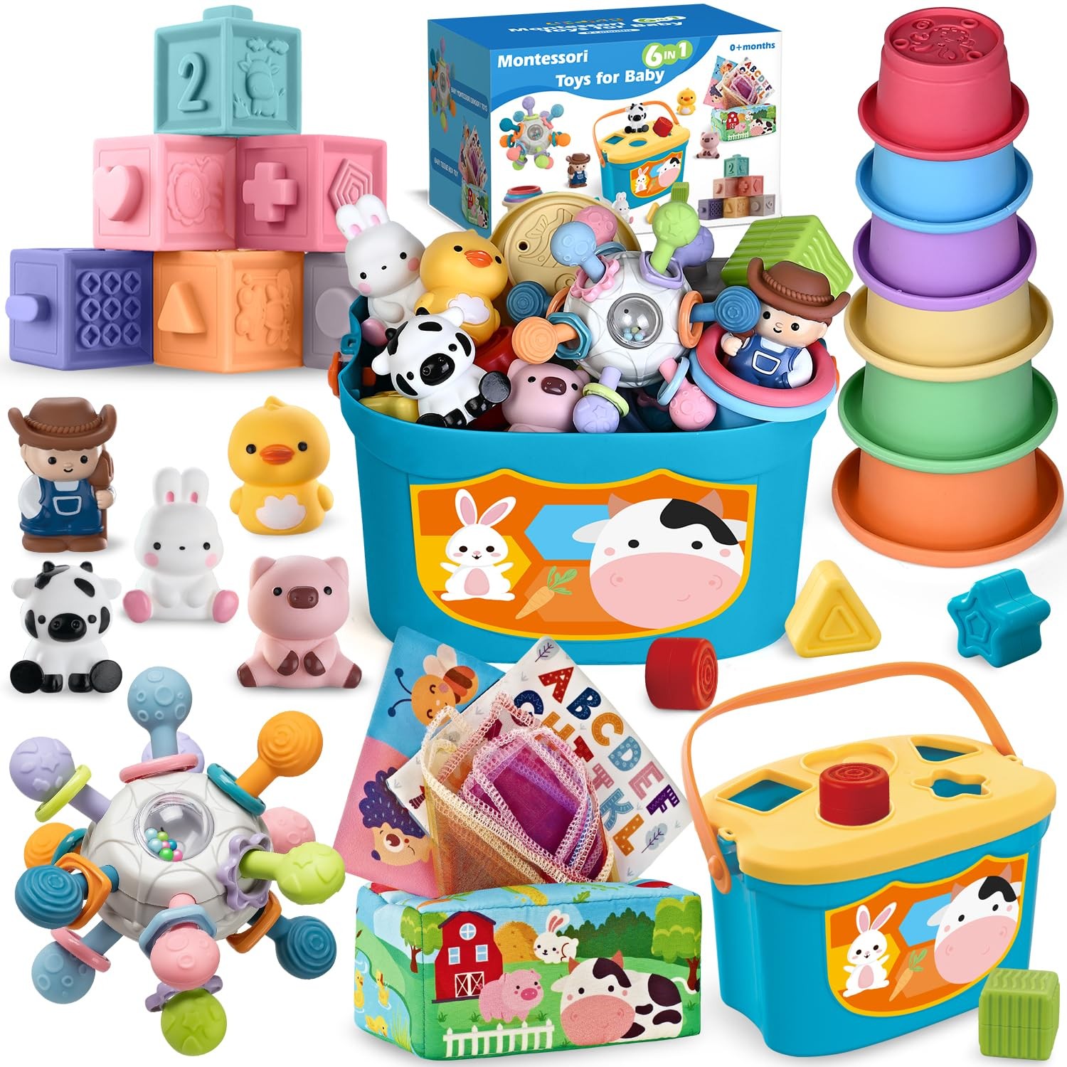 Baby Toys 6 In 1 Montessori Teething Stacking Blocks Farm Animals Multicolored
