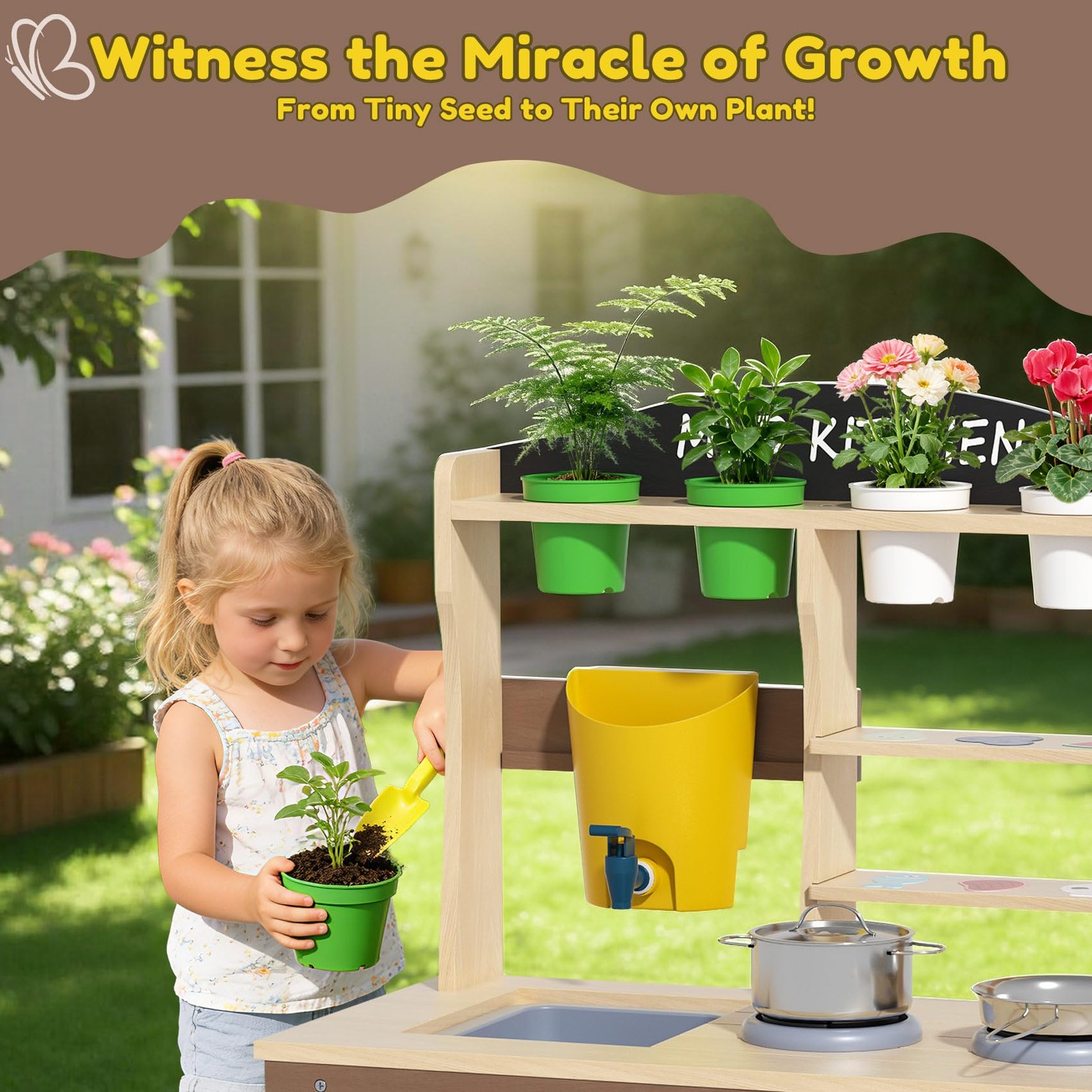 Mud Kitchen Wooden Outdoor Play Sink Faucet Toddlers Brown 35.6 H BIERUM Kids