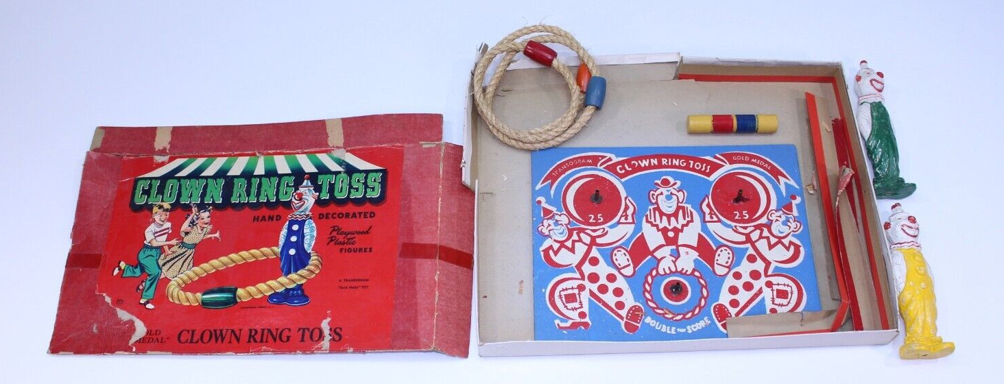 VTG Transogram Clown Ring Toss Game Toy Carnival Hand Decorated Complete Rare