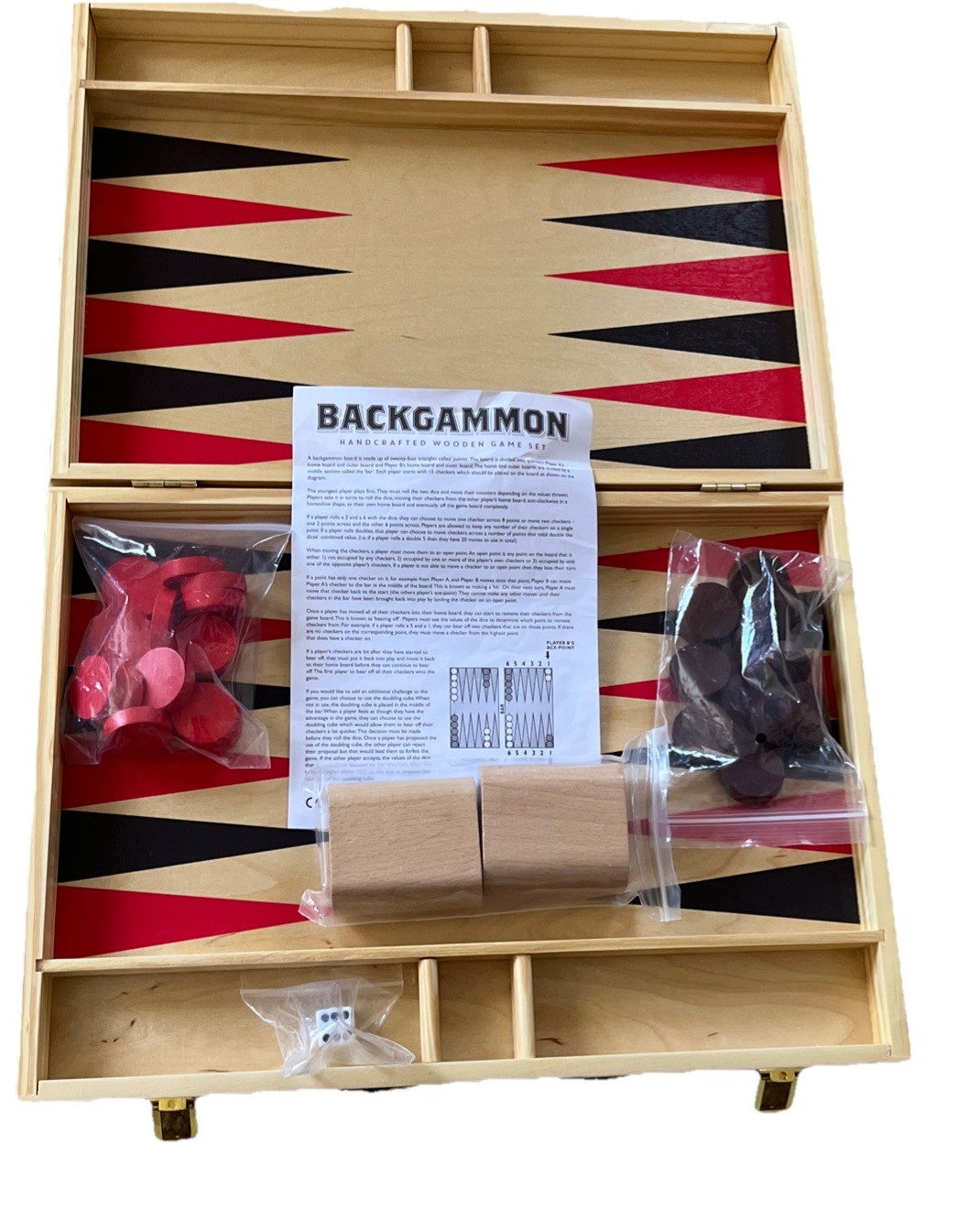 Wooden Backgammon Set Folding Travel Board Game Dice Cup 30 Wooden Pieces