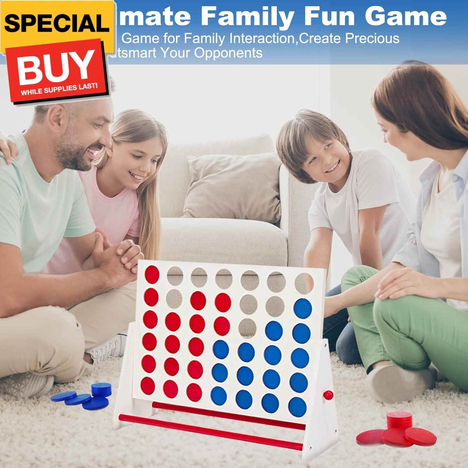 Portable Wooden 4 in a Row Game, Classic Wooden 4-to-Score Game Set with Coins &