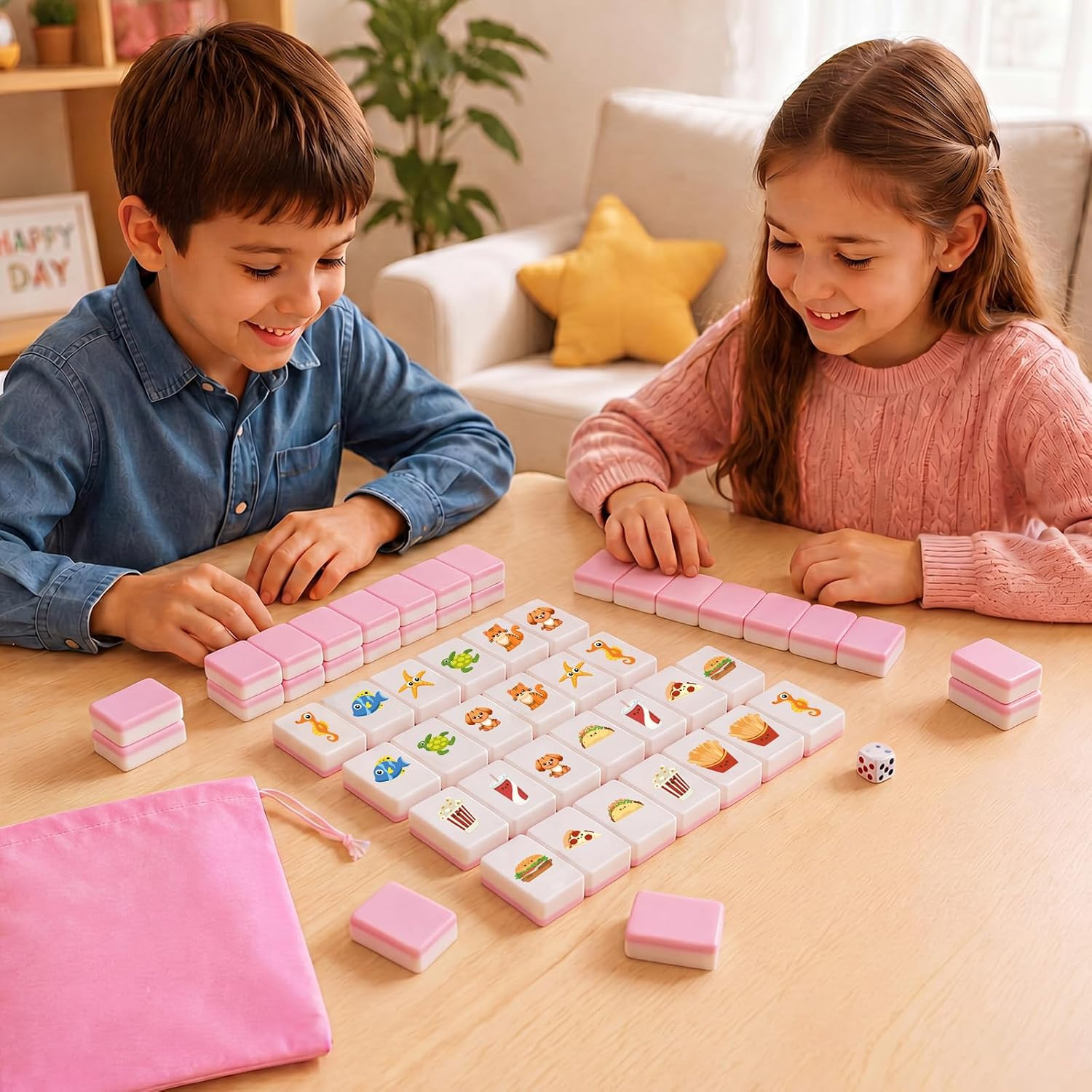 Pink 2 Player Mahjong Block Set, 50 Pcs of Mahjong Tile Game with 12 Different P
