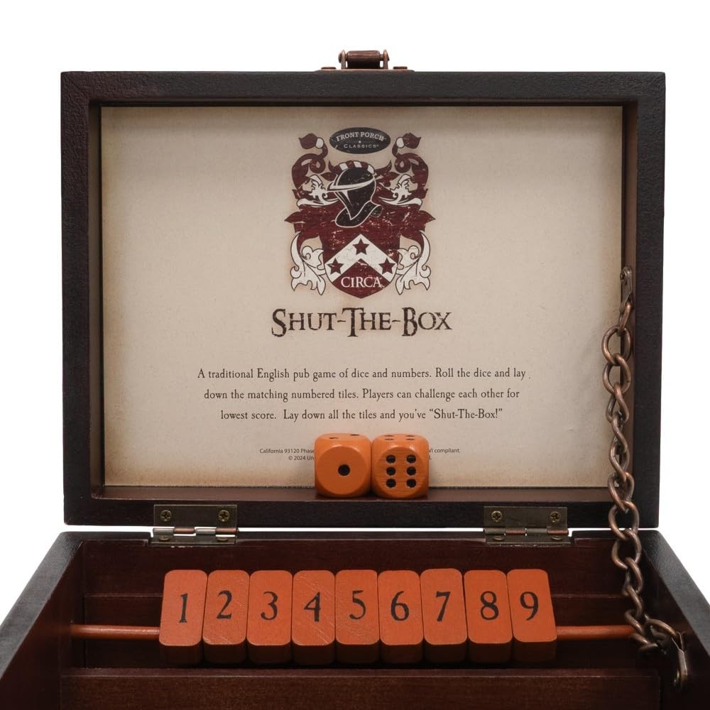 Front Porch Classics, Circa Shut the Box, Wooden 9 Number Dice Game with Case…