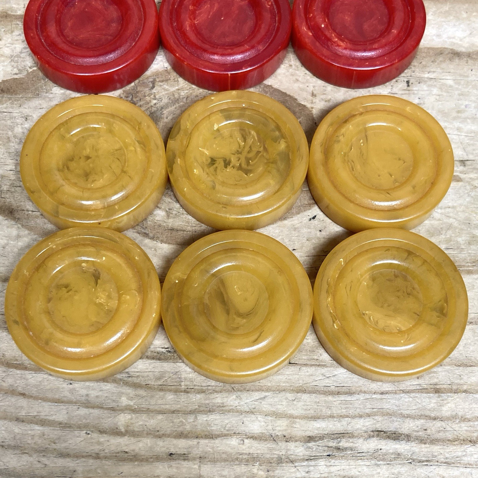 Vintage Bakelite Backgammon Checkers Set with 13 Pieces Red Yellow Butterscotch