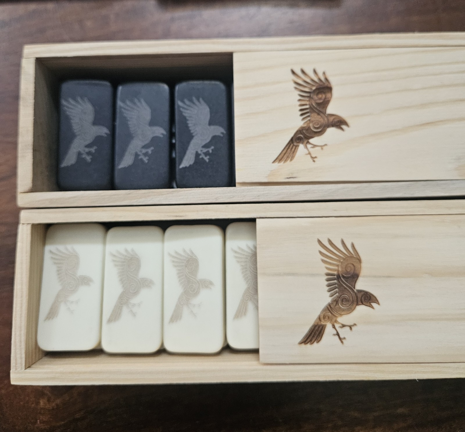 Double 6 Domino Set of CELTIC RAVEN Dominoes BLACK or IVORY