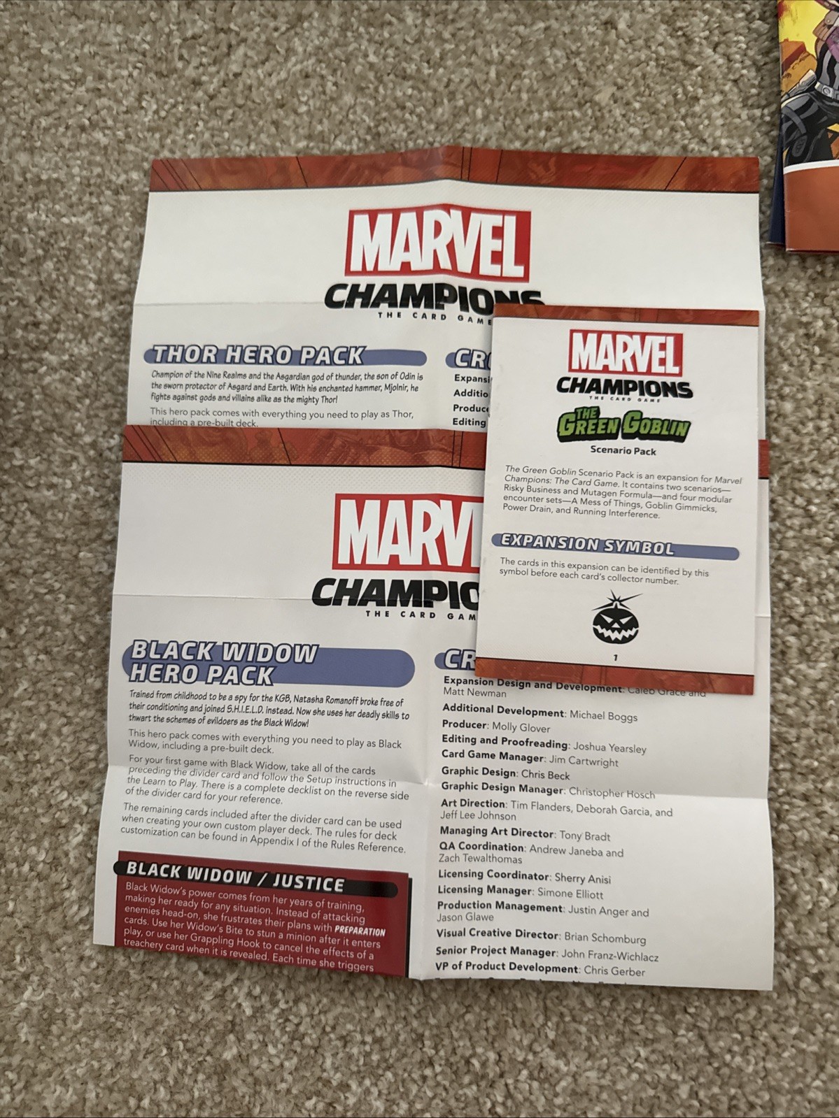 Marvel Champions lot. Core box, Thor, Black widow, And Green Goblin. Sleeved