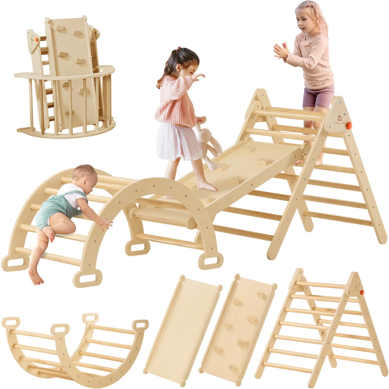 Pikler Triangle 7-in-1 Foldable Climbing Toy Set Kids Montessori Natural Tiny