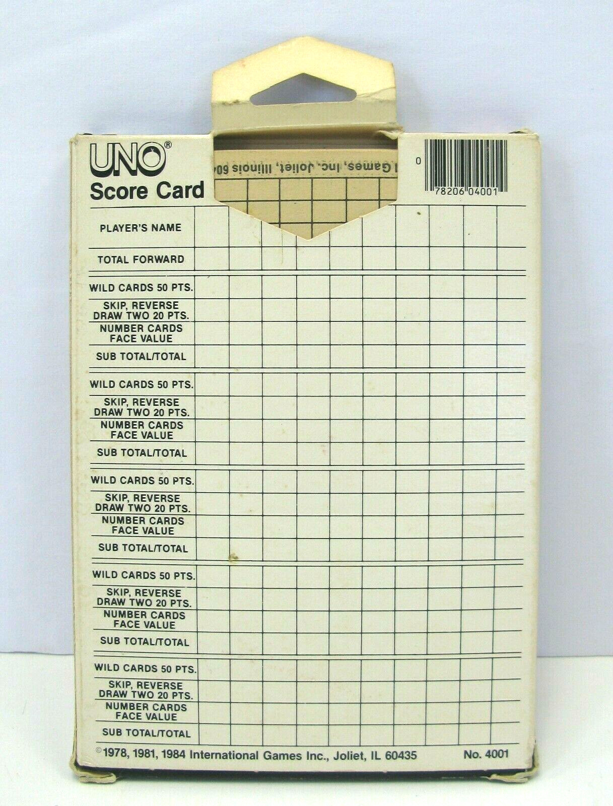 1984 UNO Score Pad in Box #4001 100 2 Sided Score Sheets