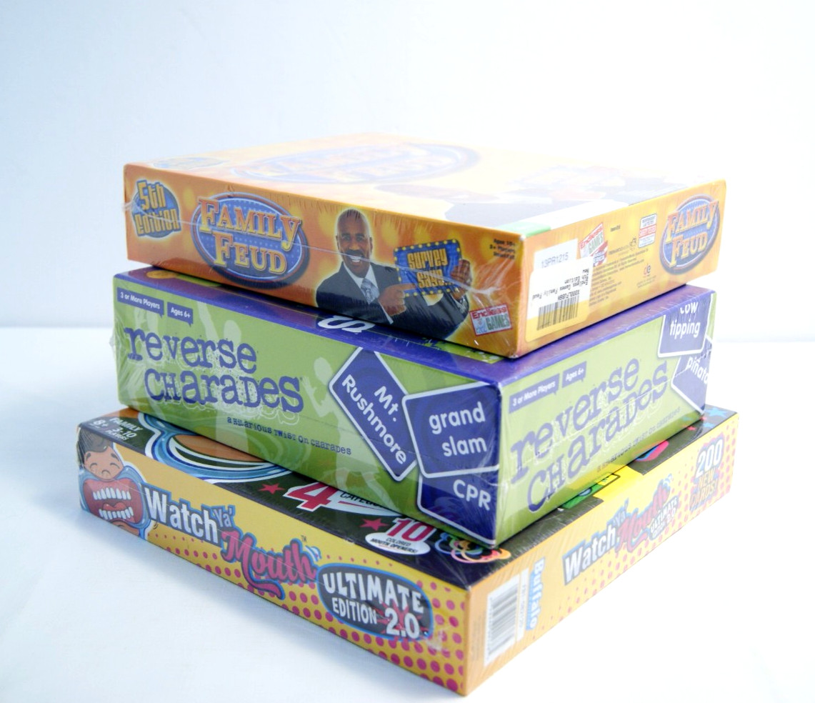 Party Game Lot (3): Watch Ya Mouth, Family Feud, Reverse Charades New Sealed