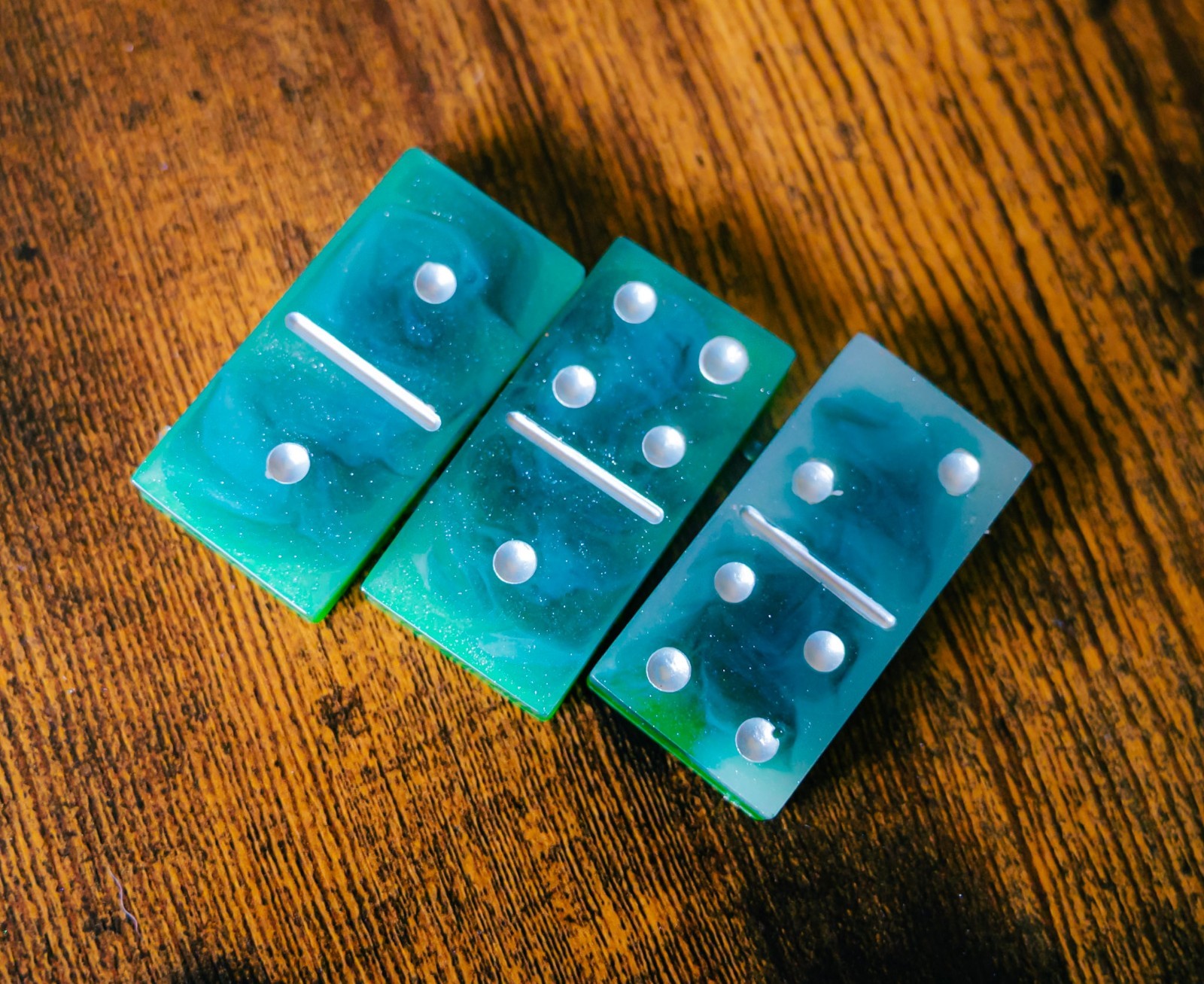 Handmade Resin Domino Set with Matching Storage Box Blue Green Swirl