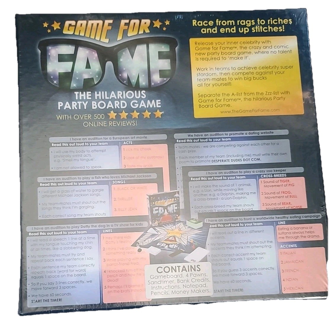 Game For Fame The Hilarious Party Board Game Ages 10+ 4-16 Players NEW Sealed