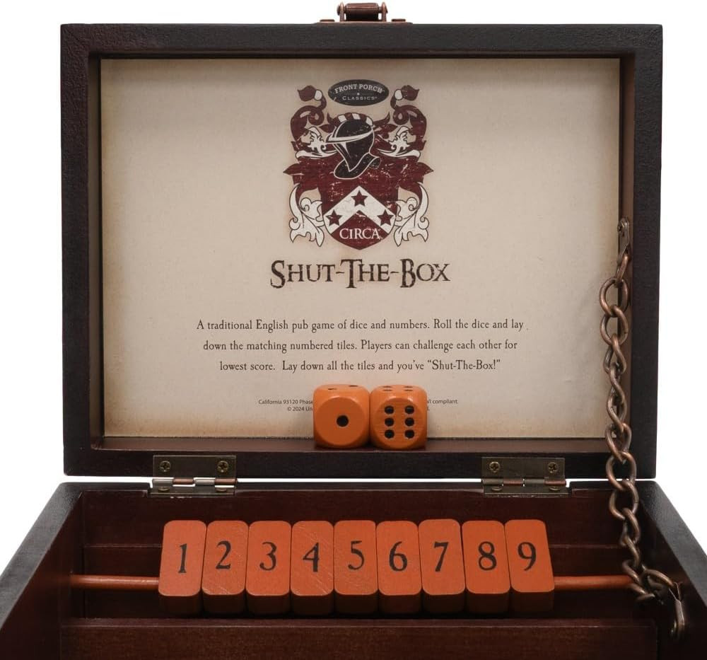 Front Porch Classics, Circa Shut the Box, Wooden 9 Number Dice Game with Case fo