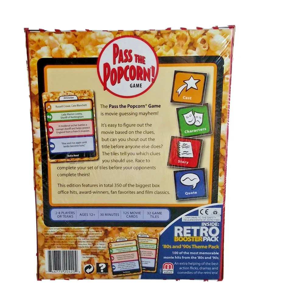 Mattel’s “Pass the Popcorn Game!” Fast-Paced Movie Trivia game!! NIB