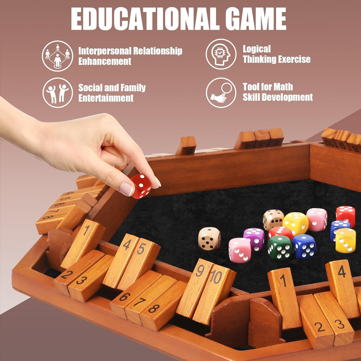 1-6 Players Shut The Box Dice Games, Wooden Board Table Math Game with 16 Dice a
