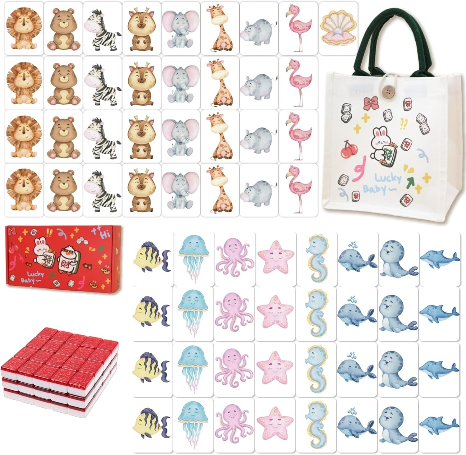 Portable Mahjong for Kids Block Set 65 pcs with Handbag for Travel Family Game