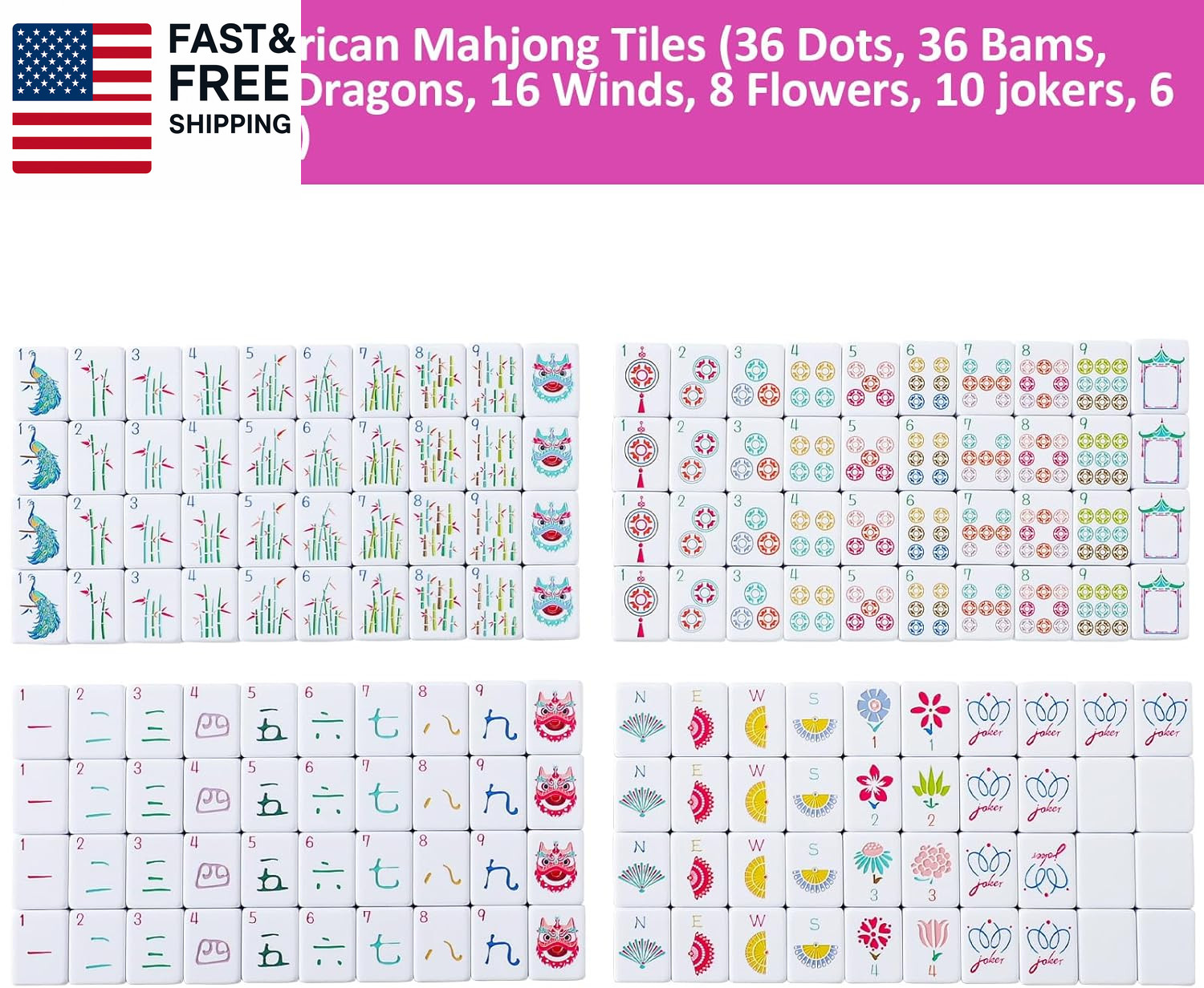 160 Pink American Printed Mahjong Game Set with Carrying Bag and Accessories