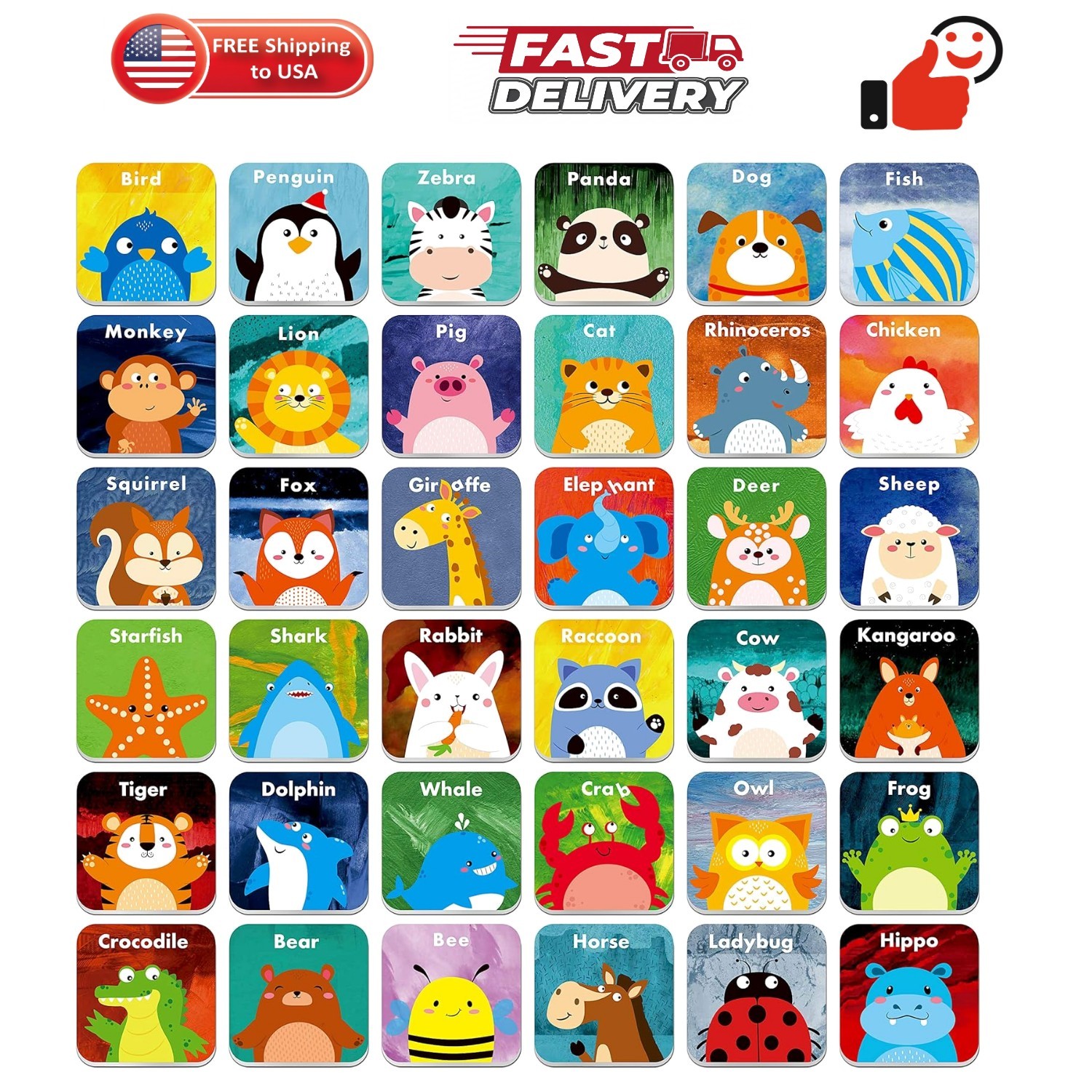 36 Pair Animals Matching Game Cartoon Flash Cards Erasable72 PCs, Each Measur…