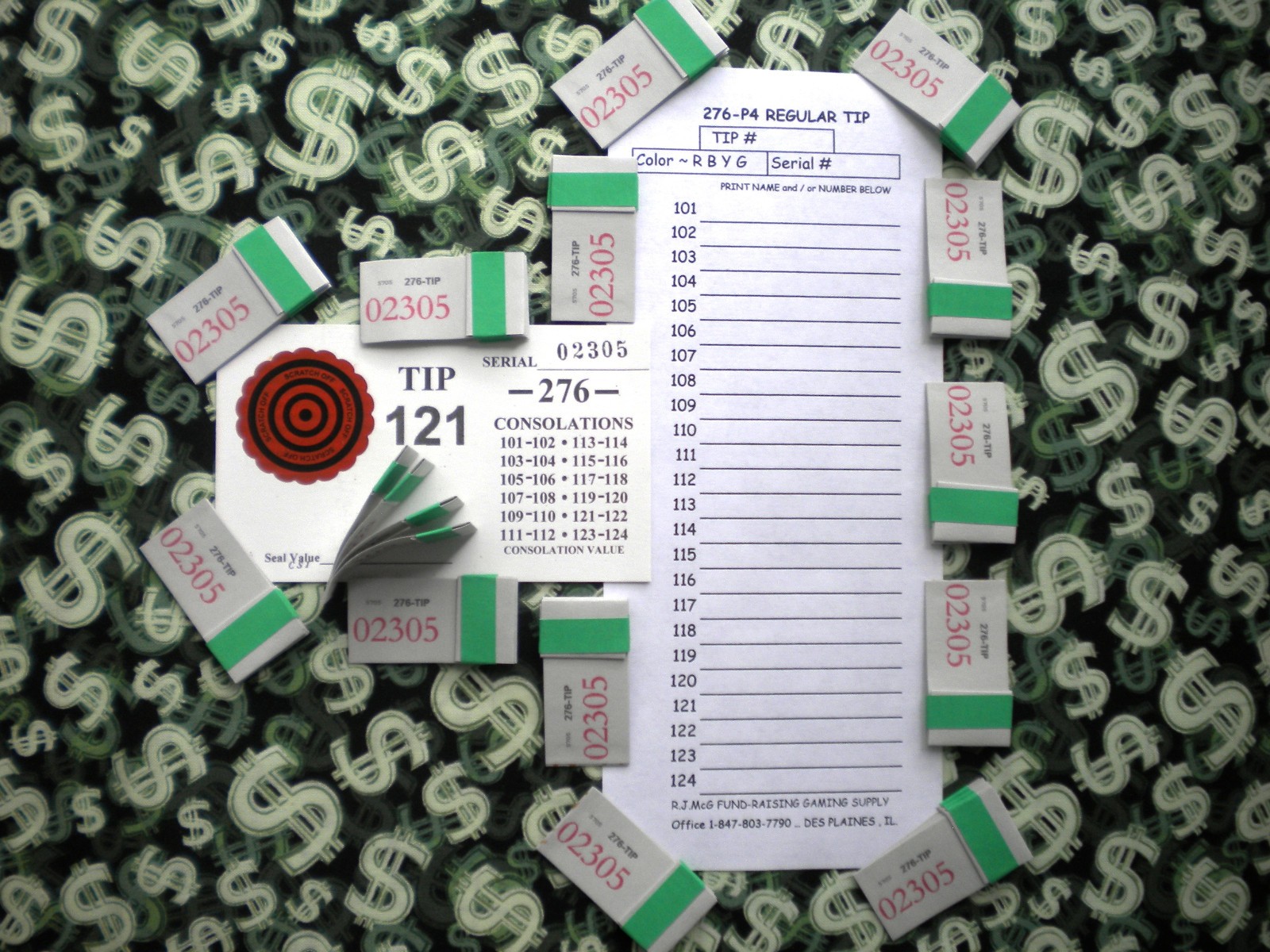 1 Game ~ 276-P4’s x69 REGULAR “NOT Sure” TIP BOARD {101-124} Pull Tab Jar Ticket