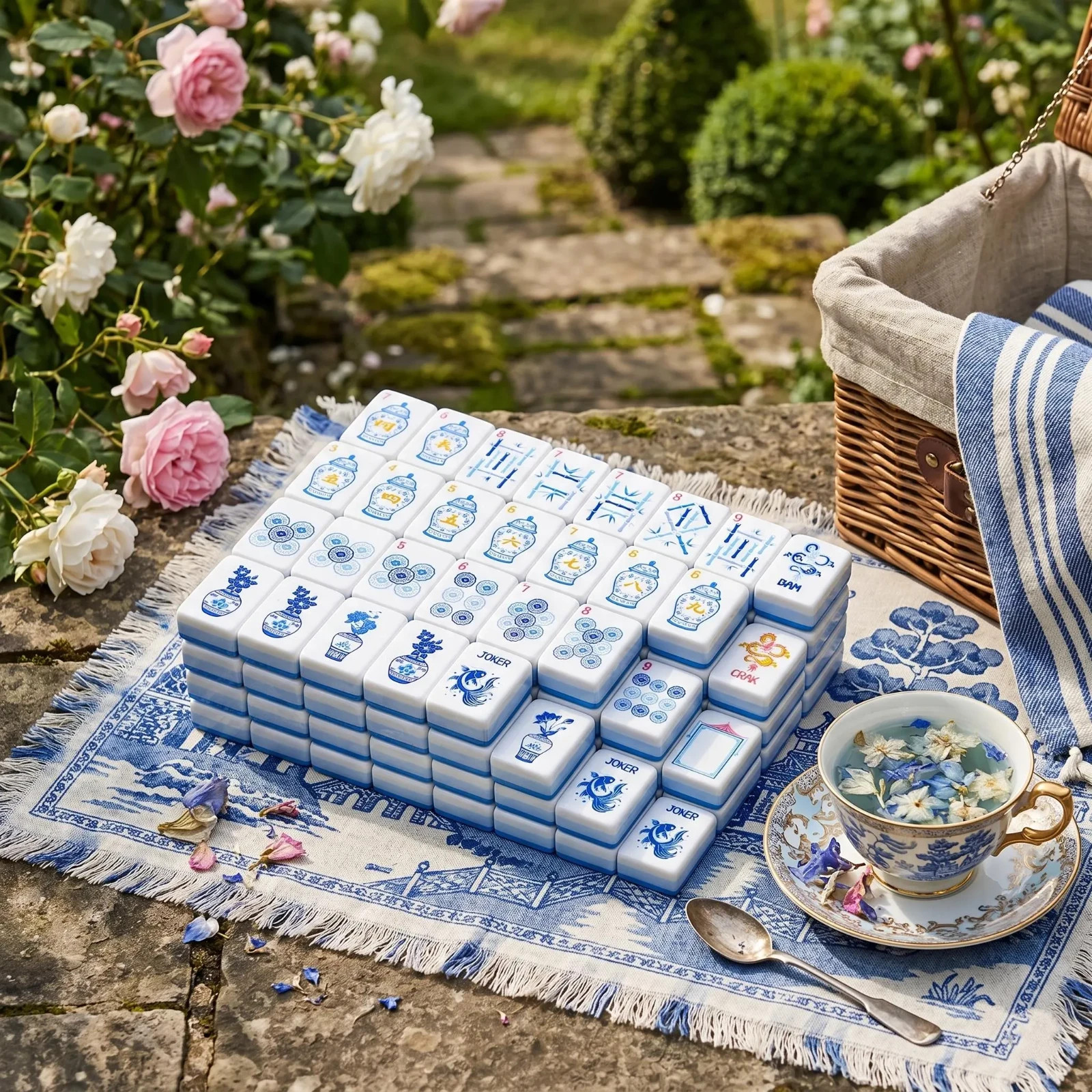 Blue and White Porcelain Chinoiserie Mahjong Tiles – 160 Acrylic Tiles