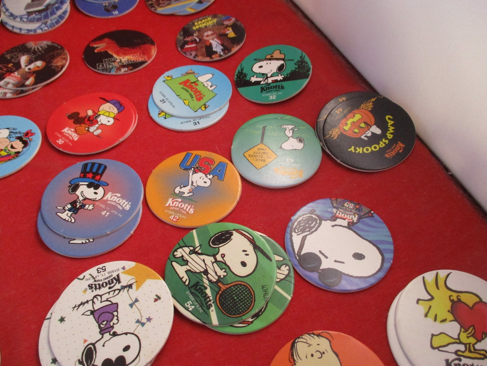 Set of 75 Knott’s Berry Farm Pog Rides & Peanuts Charlie Brown Snoopy w/Slammers