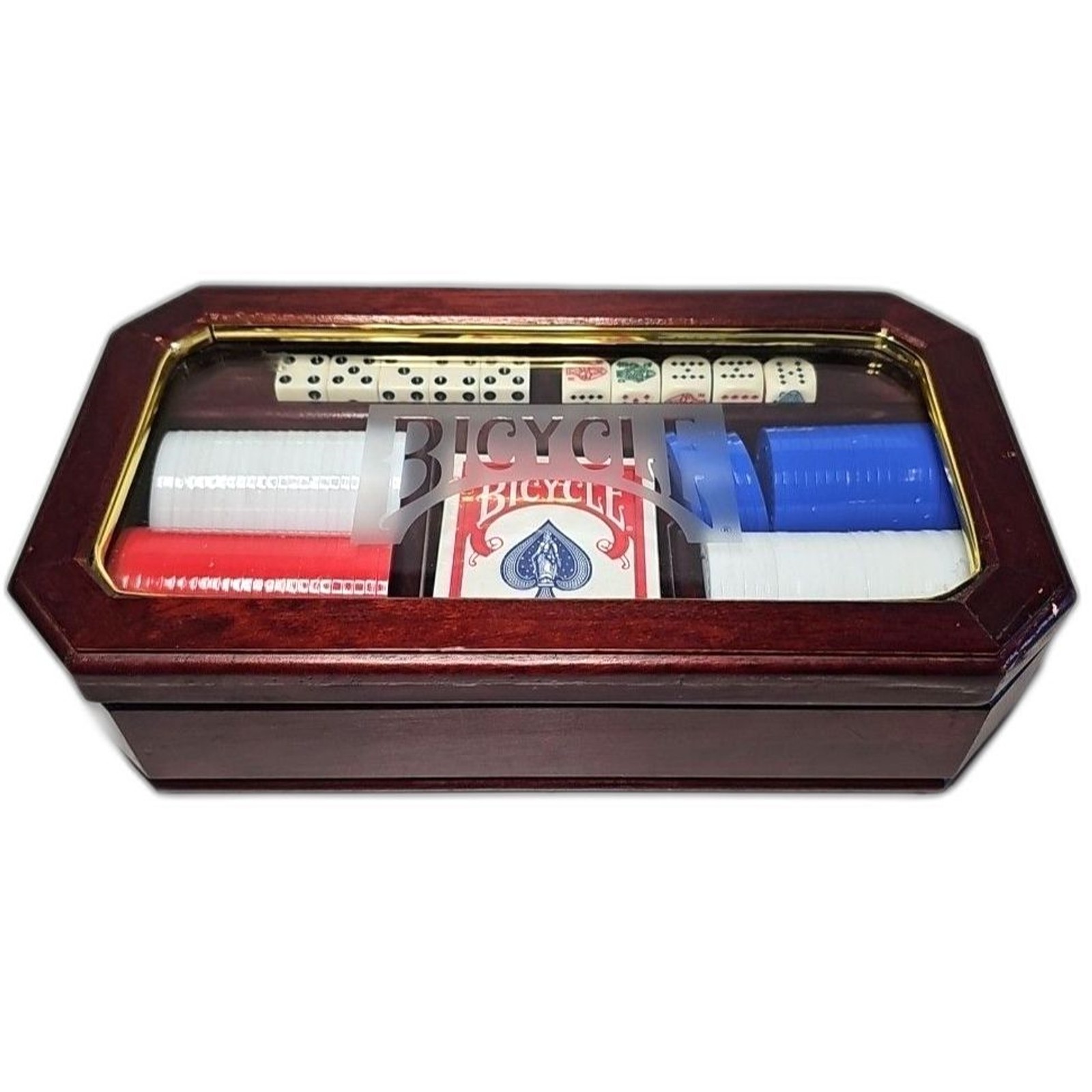 Bicycle Poker Set 1 Sealed Deck 10 Dice Red, Blue and White Chips Wood Box Glass
