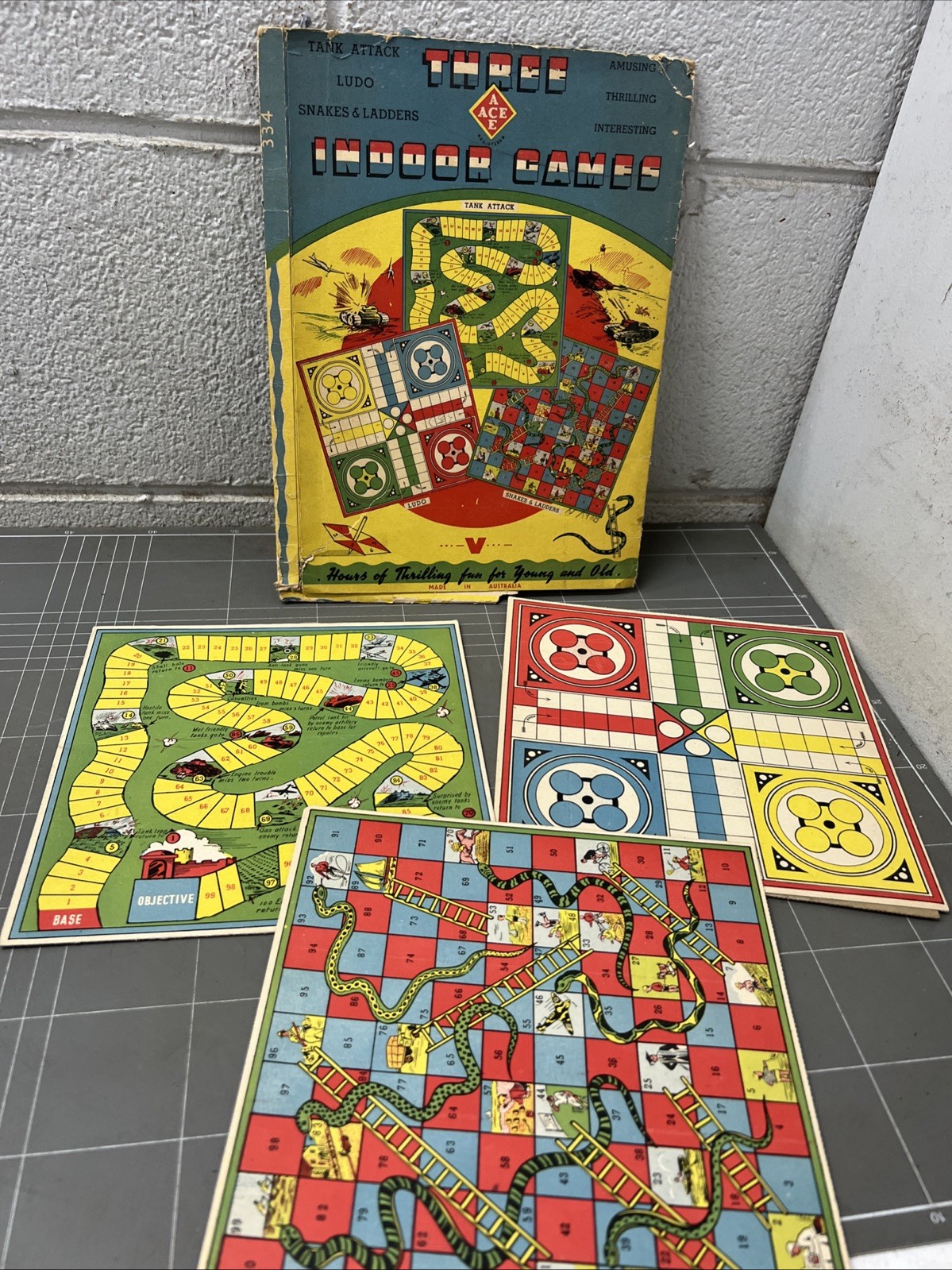 VINTAGE BOARD GAME THREE INDOOR GAMES ACE AUSTRALIA 1940s TANK ATTACK SNAKES ART