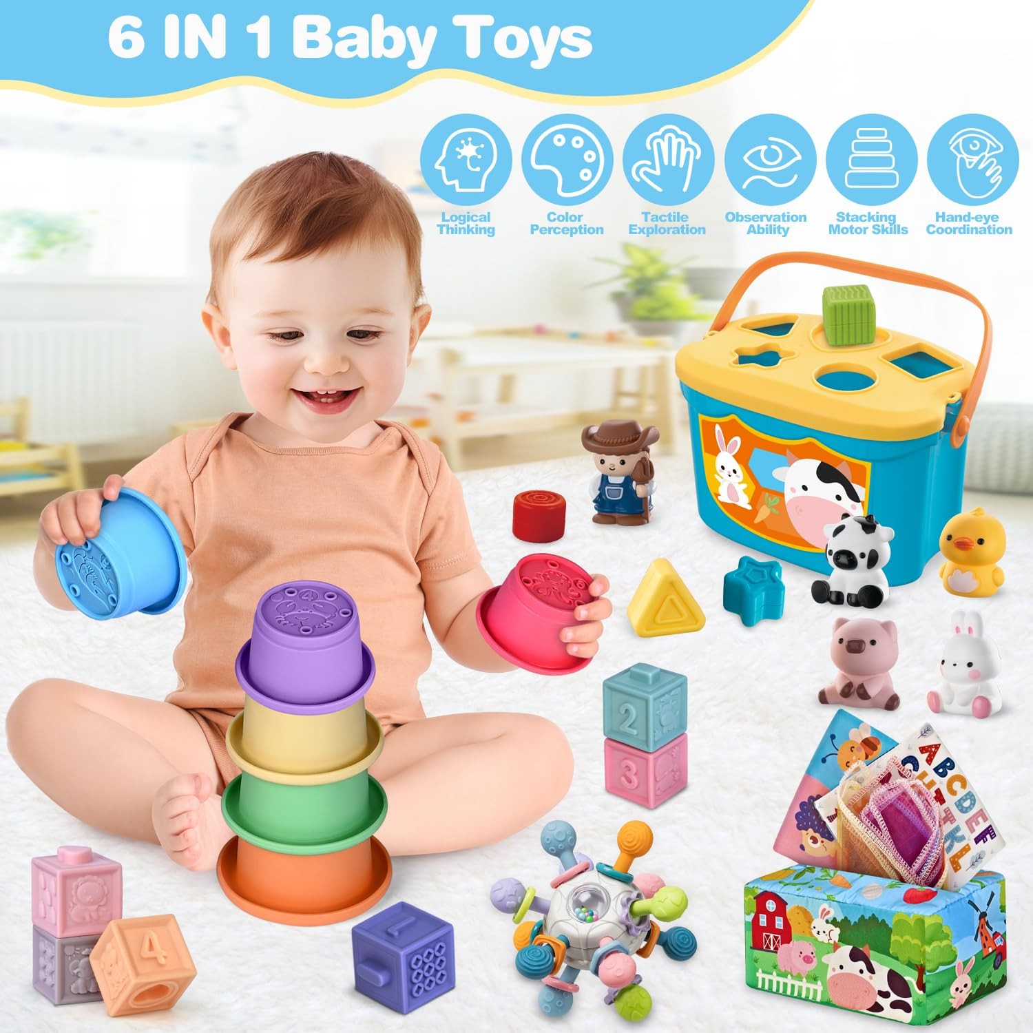 Baby Toys 6 In 1 Montessori Teething Stacking Blocks Farm Animals Multicolored