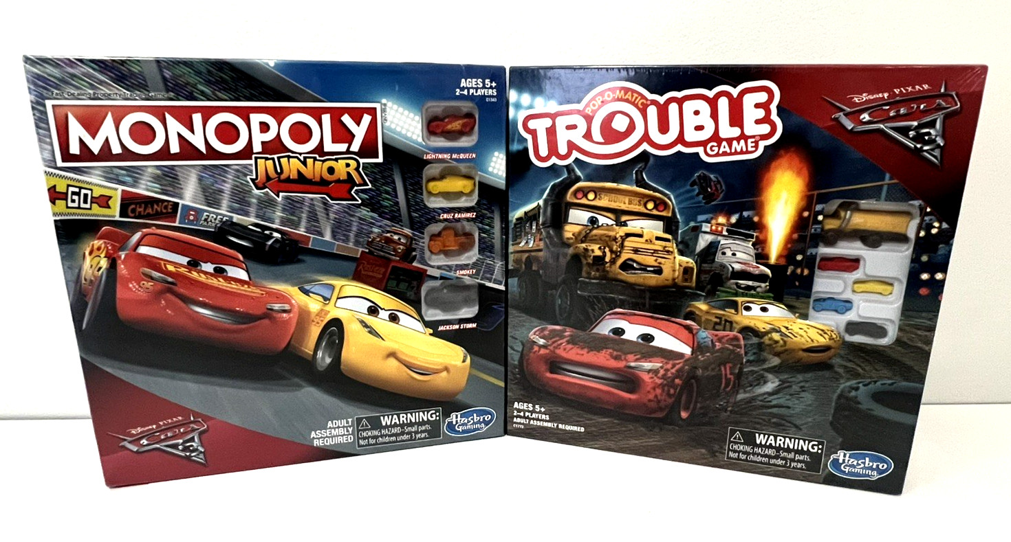 LOT OF 2 DISNEY PIXAR CARS 3 BOARD GAMES MONOPOLY JR &POP-O-MATIC TROUBLE HASBRO
