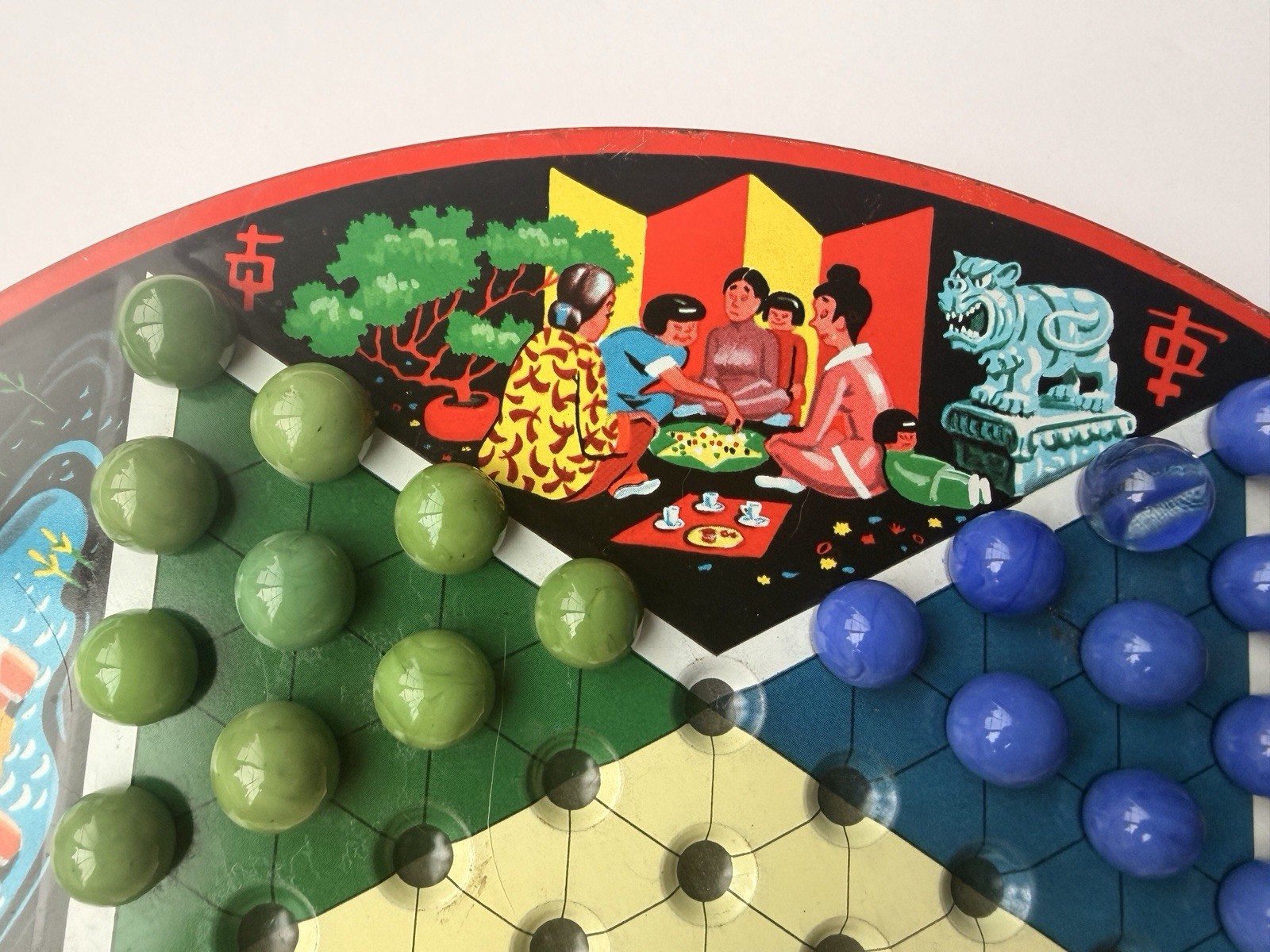EARLY VTG STEVEN MFG. PIXIE GAME METAL CHINESE CHECKER BOARD TOP ONLY W/MARBLES