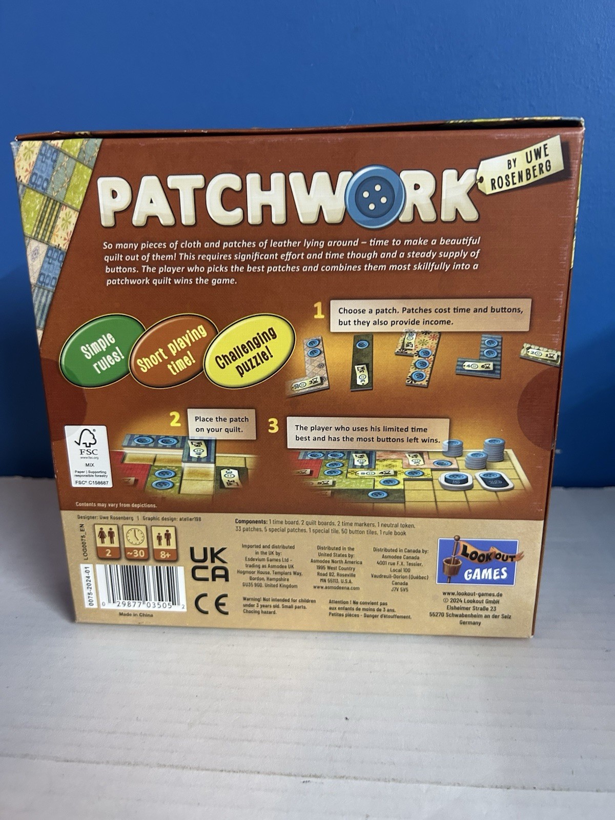 Patchwork Board Game by Uwe Rosenberg Lookout Games – COMPLETE!