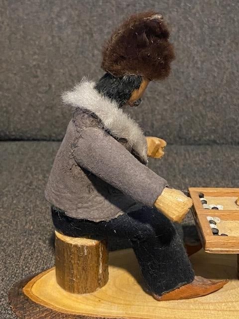 Handmade folk art wooden carved men playing backgammon vintage