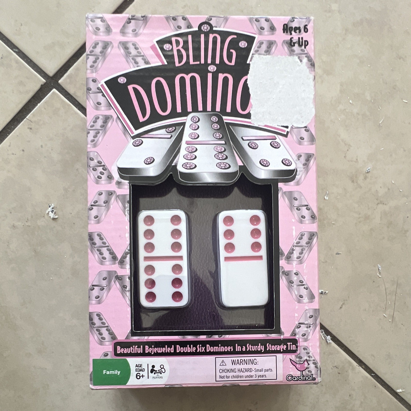 Cardinal Bling Bejeweled Dominoes Double Six Pink in Purple Storage Tin