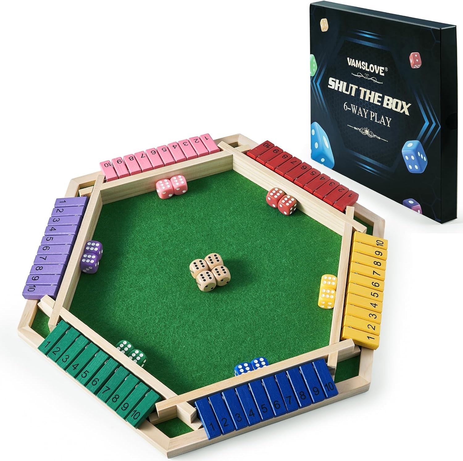 Shut The Box Game for 6 Player with 12+4 Dice – Colorful 6 Sided Wooden Board…