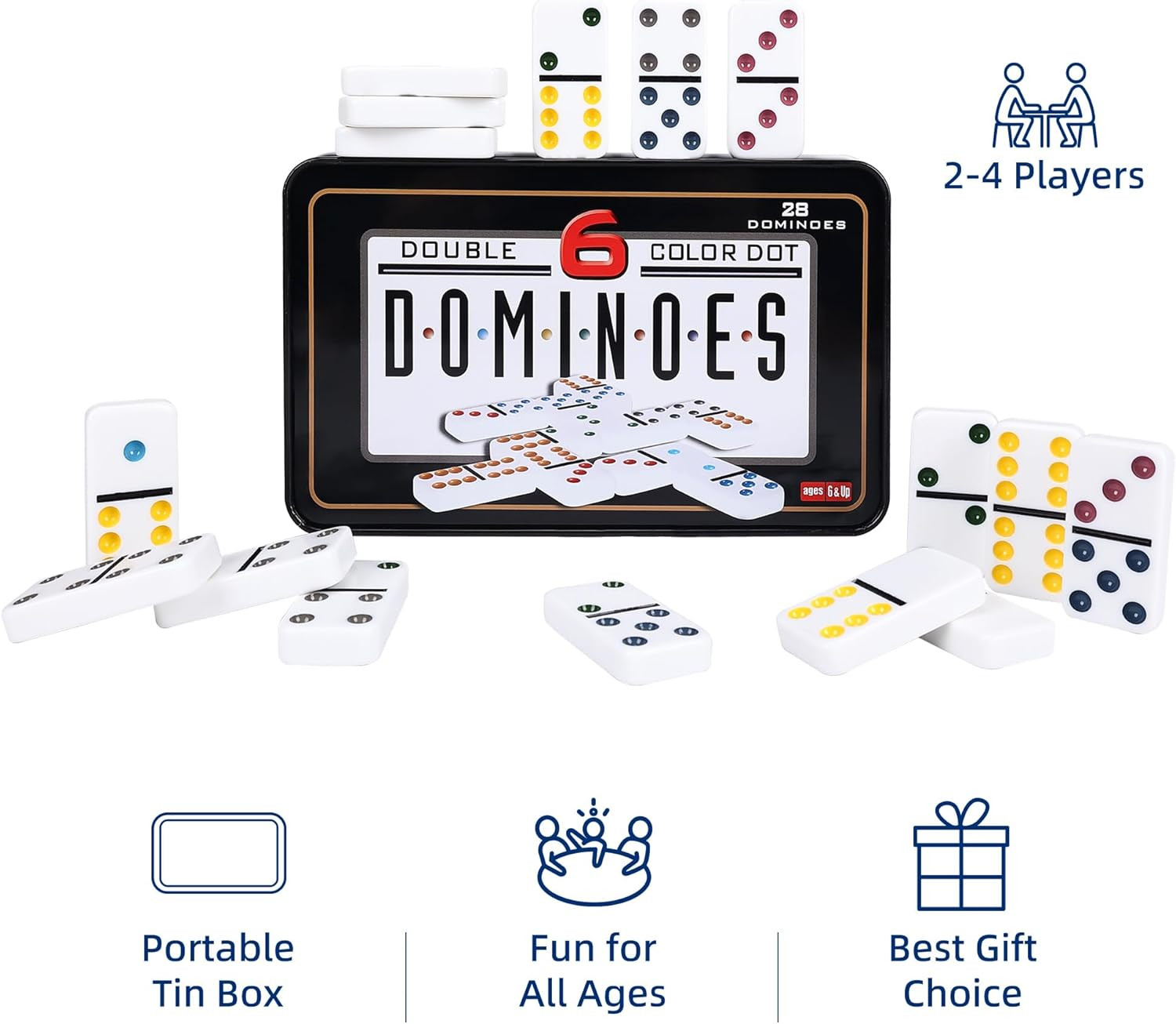 Double Six Dominoes Set for Adults, Classic Domino Game with Tin Box – 28 Tiles