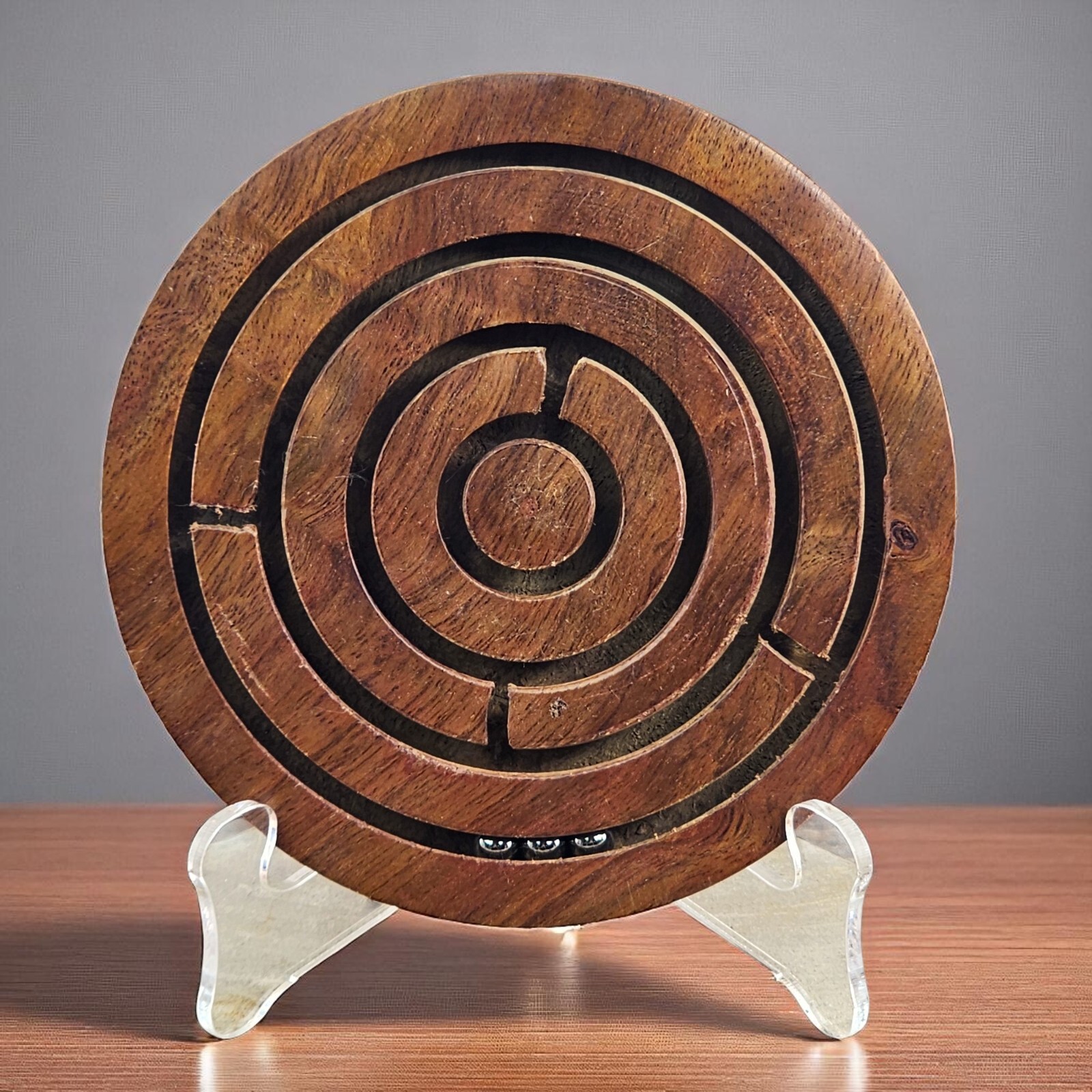 Labyrinth Wood Maze Round Wooden w 3 Ball Bearing Marbles 5 in Rusicity Puzzle