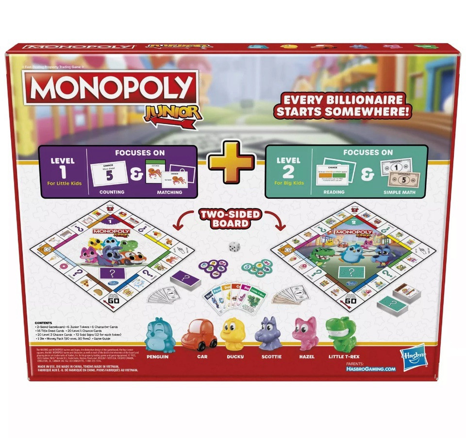 Hasbro Gaming Monopoly Junior Board Game 2-Sided Gameboard 2 Games in 1 Monopoly