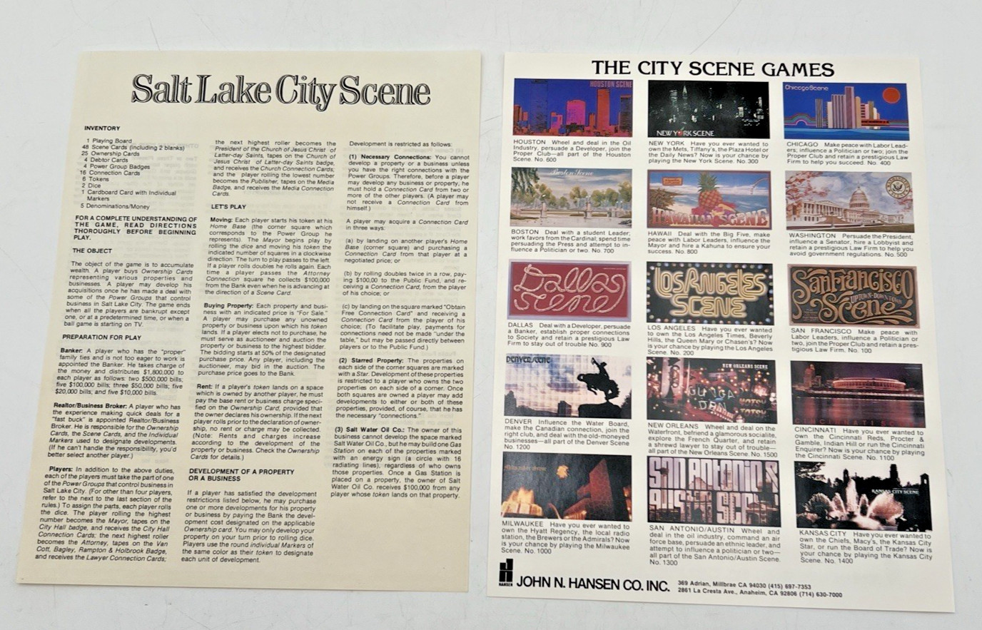 1980 SALT LAKE CITY SCENE BOARD GAME BY HANSEN STOCK NUMBER 2600