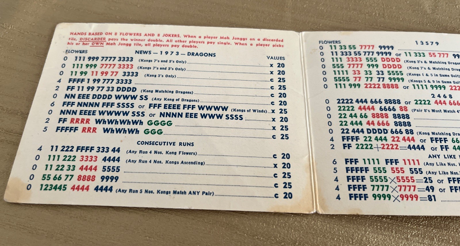 National Mah Jongg League 1973-74 Official Hands & Rules Card
