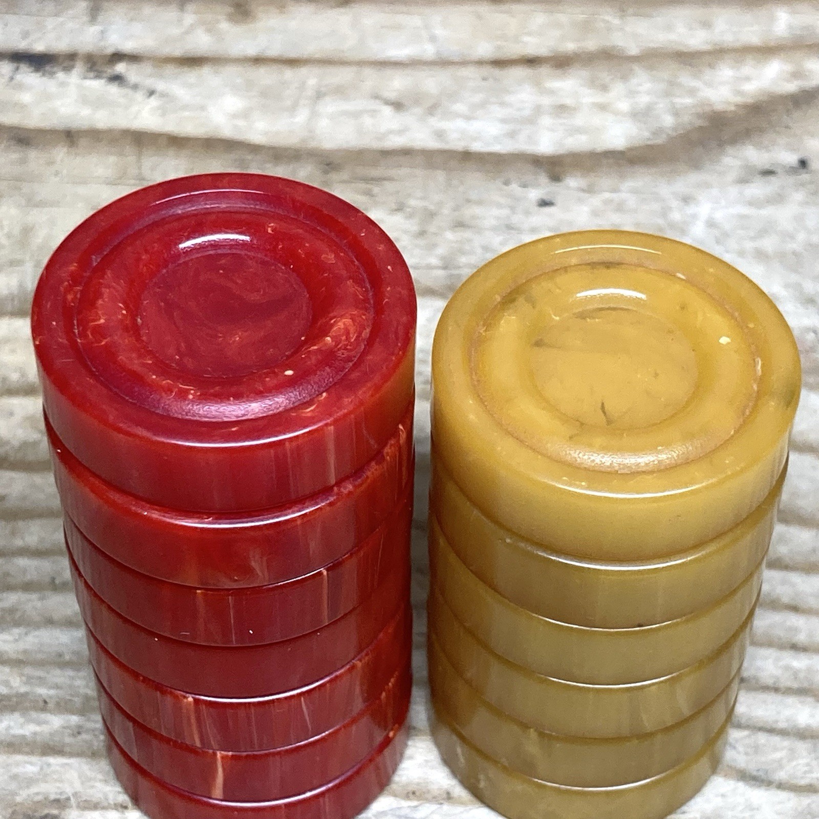 Vintage Bakelite Backgammon Checkers Set with 13 Pieces Red Yellow Butterscotch