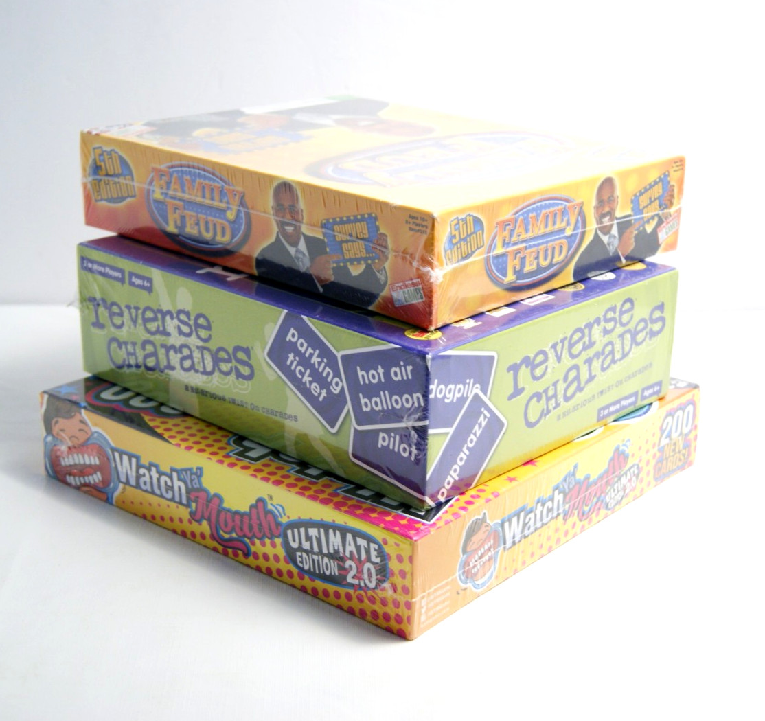 Party Game Lot (3): Watch Ya Mouth, Family Feud, Reverse Charades New Sealed