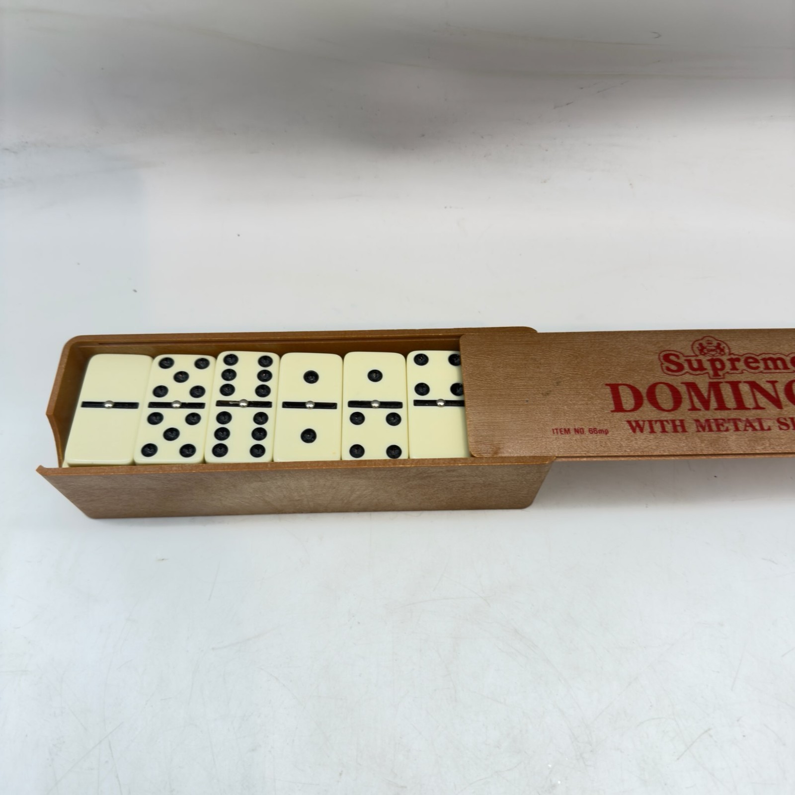 Vintage Supreme Dominoes With Metal Spinners in Wood Slide Lid Box Item No 66mp