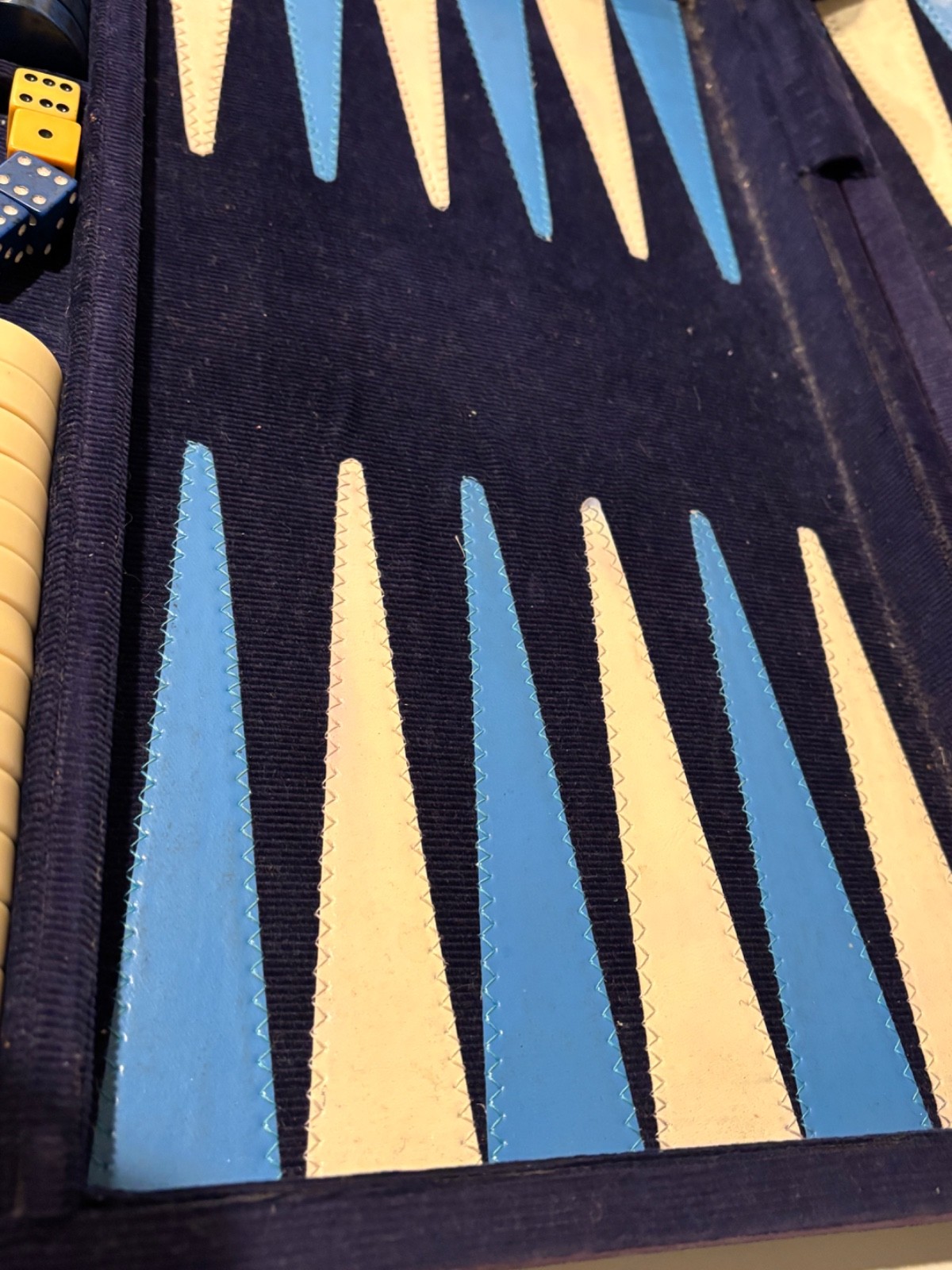Vintage Backgammon Blue Corduroy Case Blue Black Speck + Cream Checkers