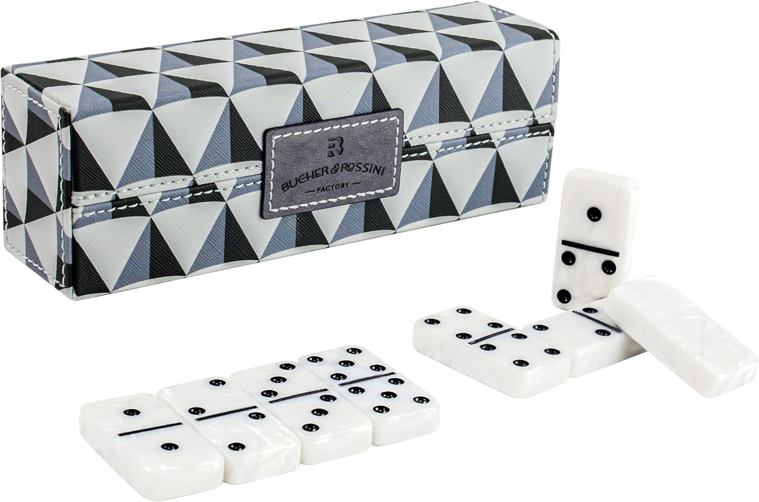 Double 6 Dominoes Set – 28 Marbleized Gold Tiles in Brown Leather Travel Case