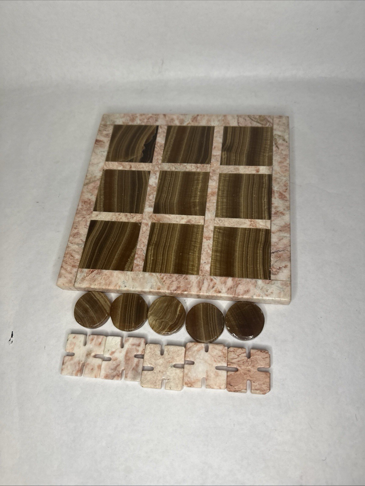 Hand Carved Onyx Marble Tic Tac Toe Game 7.5” Board Handmade Mexico Complete