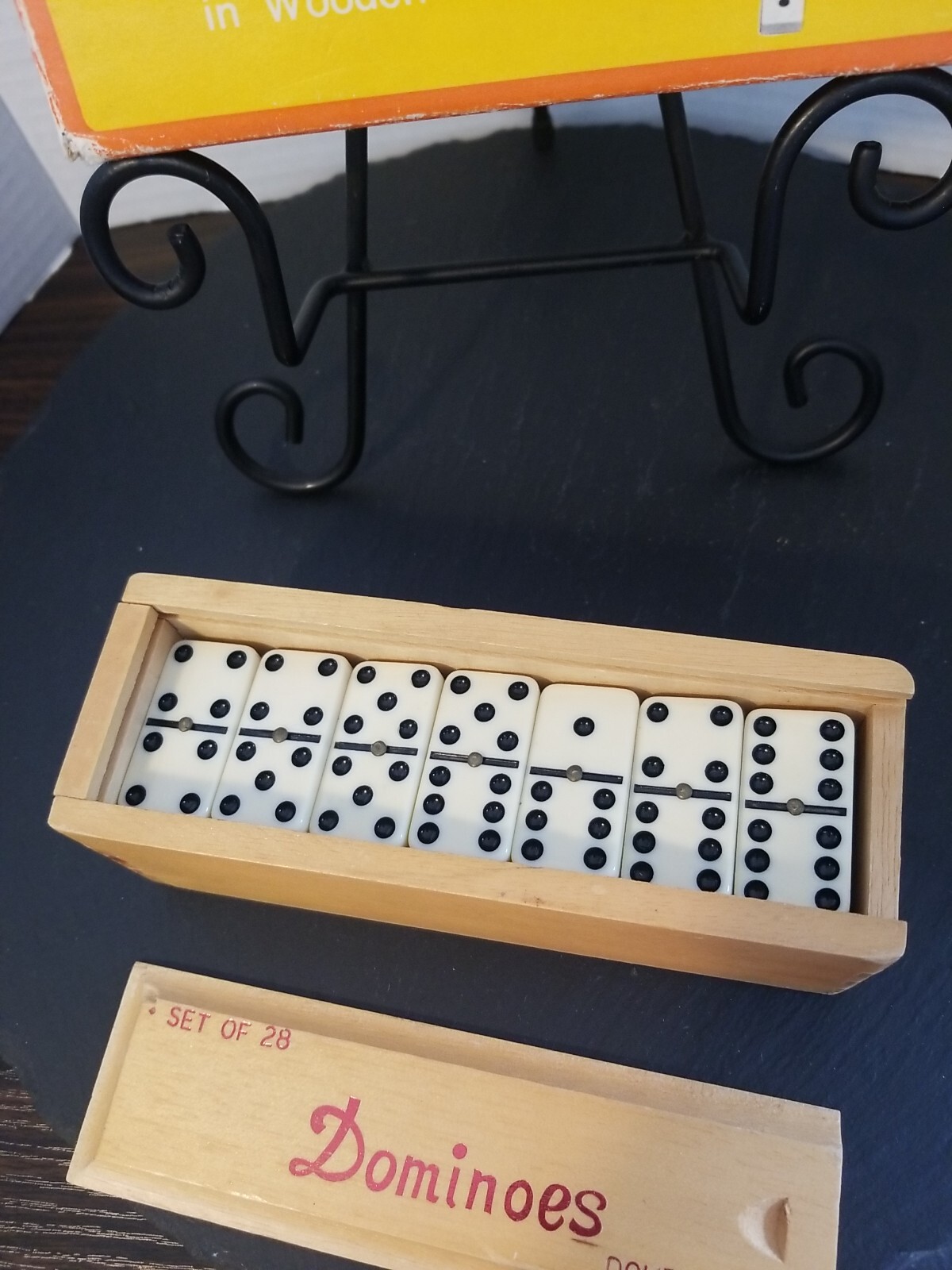 Hey! Play! VTG Double Six Dominoes Wood Dovetail Case, Original Box, 1980s